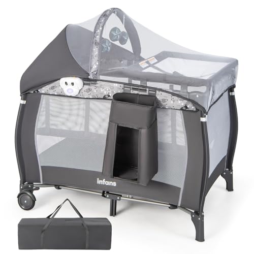 INFANS 4 in 1 Pack and Play, Portable Travel Baby Playard with Bassinet, Changing Table, Canopy, Mosquito Net, Hanging Toys, Music Box, Storage Bag, Large Playpen from Newborn to Toddlers (Grey) INFANS