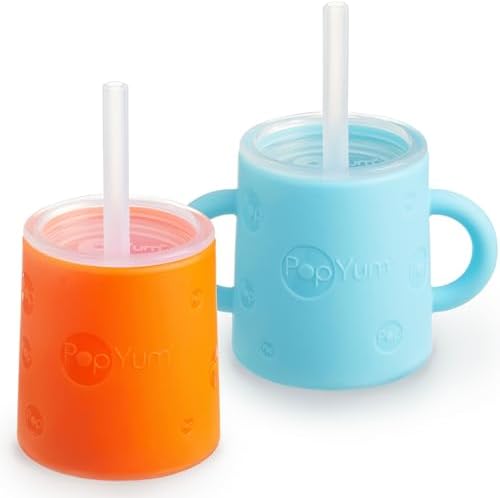 Силиконовая тренировочная чашка PopYum с соломенной крышкой, 2 упаковки для младенцев, младенцев и малышей, стакан, непроливайка, ручки, 5 унций (синий, зеленый) PopYum