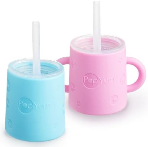 Силиконовая тренировочная чашка PopYum с соломенной крышкой, 2 упаковки для младенцев, младенцев и малышей, стакан, непроливайка, ручки, 5 унций (синий, зеленый) PopYum