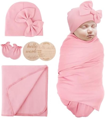 AQOKKA Baby Girl Newborn Receiving Blanket with Matching Bow Hat and Mittens Set Baby Swaddle Blanket Shower Swaddle Gift 1 Pack AQOKKA