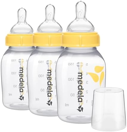 Medela Slow Flow Feeding & Storage Bottles, 3 Pack of 5 Ounce Bottle with Nipple, Lids, Wide Base Collars, and Travel Caps, Made Without BPA Medela