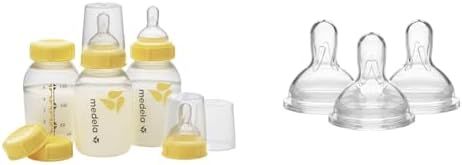 Бутылочки для хранения грудного молока Medela, 3 упаковки бутылочек для грудного вскармливания емкостью 5 унций с сосками с медленным потоком и сосками для бутылочек с медленным потоком и широким основанием, новорожденные в возрасте от 0 до 4 месяцев Medela