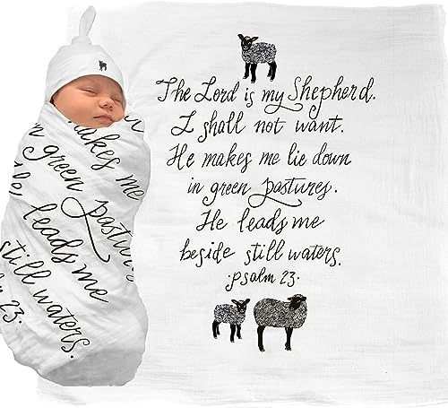 The Lord is My Shepherd (Psalm 23) Muslin Swaddle & Bonus Baby Hat with Scripture Quote - 100% Organic Unbleached Cotton - Swaddle/Blanket - Unique Shower & Baptism Gift Generic