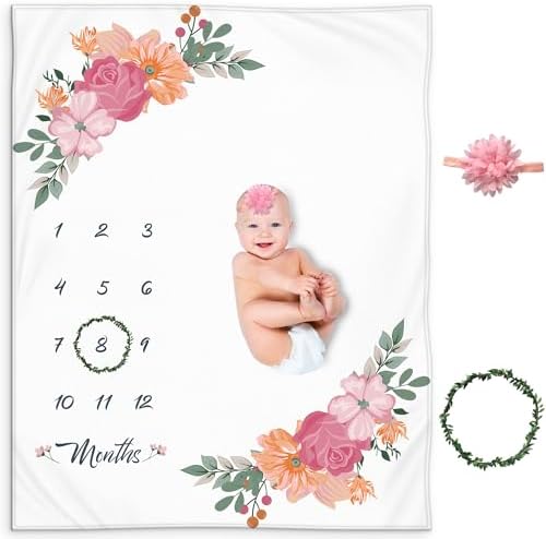 Milestone Blanket for Baby Girl Personalized Board with Frame and Headband, Floral Baby Girl Milestone Blanket Monthly Baby Milestone, Baby Girl Month Blanket, 50x40 KEMINA BLANKETS