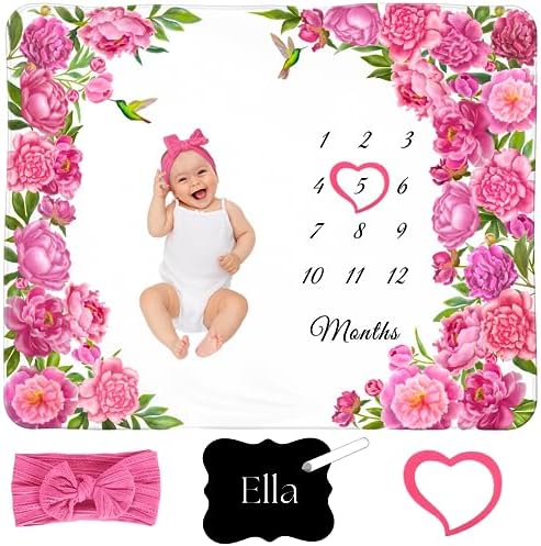 KEMINA BLANKETS Milestone Blanket for Baby Girl Personalized Board with Frame and Headband, Floral Baby Girl Milestone Blanket Monthly Baby Milestone, Baby Girl Month Blanket, 50x40 KEMINA BLANKETS