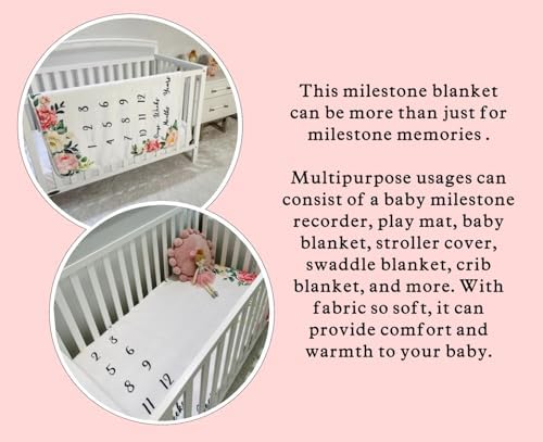 Baby Milestone Blanket for Baby Girl - Monthly and Year Age Blankets with Number Chart - Growth Chart - Including Headband and Frames - Blanket Size 60"x40" - Floral Theme Generic