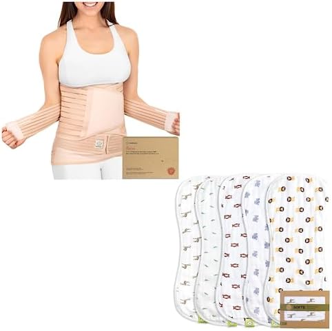 KeaBabies 3 in 1 Postpartum Belly Support Recovery Wrap and Organic Muslin Baby Burp Cloths Bundle - Pregnancy Belly Support Band (Classic Ivory, One Size) - Large Absorbent Muslin Burp Cloths (The Wi KeaBabies