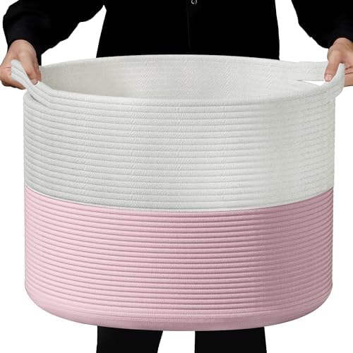 Корзина для хранения одеял в электронном блоге Большая корзина для хранения из хлопчатобумажной веревки Большой тканый контейнер для одеял 22 x 22 x 14 дюймов с ручкой, корзина для одеял, корзина для подушек для белья для гостиной (розовый) Eblog