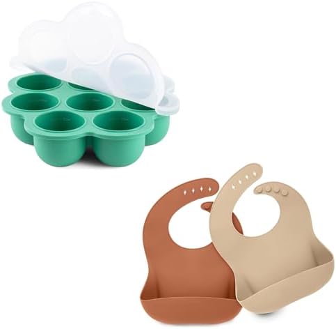 KeaBabies Silicone Baby Food Freezer Tray with Clip-on Lid & 2-Pack Silicone Bibs For Babies - 2oz x 10 Pods Baby Food Silicone Freezer Molds - Silicone Baby Bibs for Eating, Food-Grade Silicone Bib KeaBabies