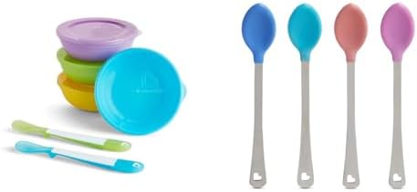 Набор для детского питания Munchkin® Love-a-Bowls™, состоящий из 10 предметов, включает миски с крышками и ложки, разноцветные и безопасные детские ложки White Hot®, 4 шт. Munchkin