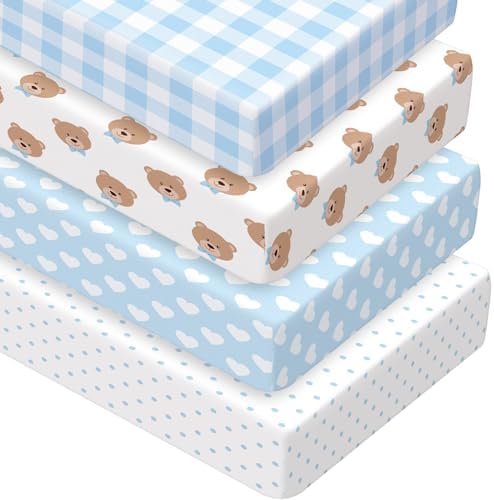 Peryiter, 4 комплекта простыней для кроватки, розовые простыни в клетку для девочек, синие простыни для кроватки с медведем для мальчика, стандартные простыни для детской кроватки с принтом ромашки для мальчиков и девочек (синий медведь) Peryiter