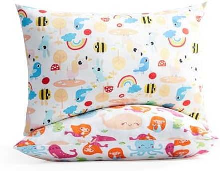 Toddler Pillow Pack of 2,20X14inches Machine Washable Kids Pillow with 100% Cotton Pillowcase, Perfect Child Pillows for Cribs Bed Sets Kids Cots Travel (Rainbow+Mermaids) Choc chick