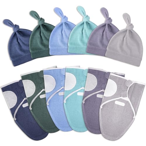 Buryeah 6 Set Newborn Baby Swaddle Sleep Bag Hats Adjustable Swaddle Soft Pure Cotton Nursery Blanket Soft Newborn for Infant(Blue Series, 0-3 Months) Buryeah