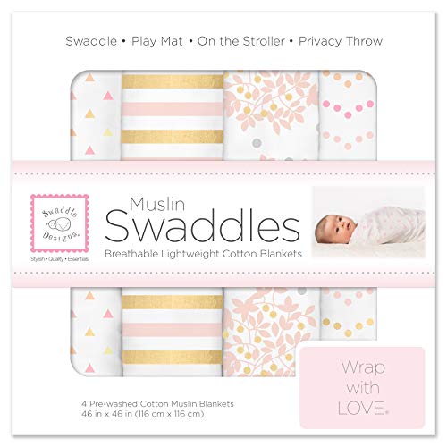 SwaddleDesigns Cotton Muslin Swaddle Blankets for Baby Boy & Baby Girl, Set of 4, Neutral Receiving Blankets for Newborn, Baby Registry & Gift, 46x46 inches, Cascadia SwaddleDesigns