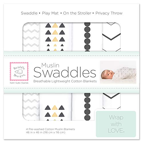 SwaddleDesigns Cotton Muslin Swaddle Blankets for Baby Boy & Baby Girl, Set of 4, Neutral Receiving Blankets for Newborn, Baby Registry & Gift, 46x46 inches, Cascadia SwaddleDesigns