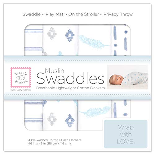 SwaddleDesigns Cotton Muslin Swaddle Blankets for Baby Boy & Baby Girl, Set of 4, Neutral Receiving Blankets for Newborn, Baby Registry & Gift, 46x46 inches, Cascadia SwaddleDesigns