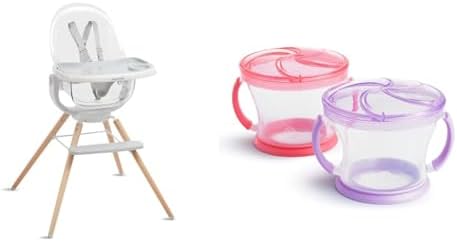 Munchkin® 360° Cloud™ Baby and Toddler High Chair with Clear Seat and 360° Swivel, White and Grey with Wooden Legs & ® Snack Catcher® Toddler Snack Cups, 2 Pack, Pink/Purple Munchkin