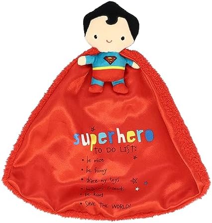 Kids Preferred DC Comics Superman Lovey Security Blanket, Soft Huggable Dark Knight Plush Lovey Toy for Baby and Infant Boys and Girls, Textured Blanket with Satin Super Hero to Do List KIDS PREFERRED