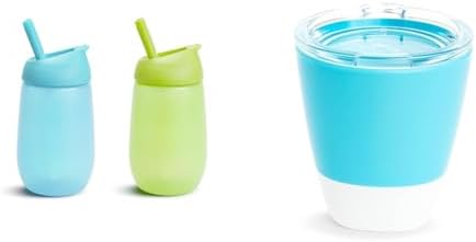 Munchkin® Simple Clean™ Toddler Sippy Cup with Easy Clean Straw, 10 Ounce, 2 Pack, Blue/Green & Splash™ Open Toddler Cup with Training Lid, 7 Ounce, Blue Munchkin