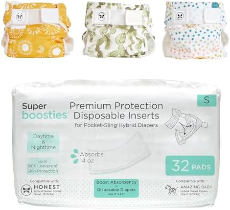 Super Boosties + Honest Hybrid Cloth Diaper Cover with Pocket-Sling, Small (8-15 lbs), Stops Nighttime Leaks, Boosties Disposable Diaper Inserts, Honest Cotton Muslin Covers, 3 Pack, Starter Kit Amazing Baby