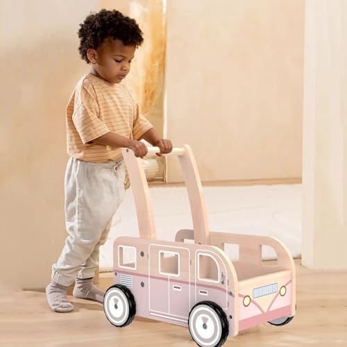 Push Walker Bus-Wooden Baby Walker for Boys and Girls, Stand & Learn Push Walker for Toddlers 1-3 Years Old Pink HappyPals