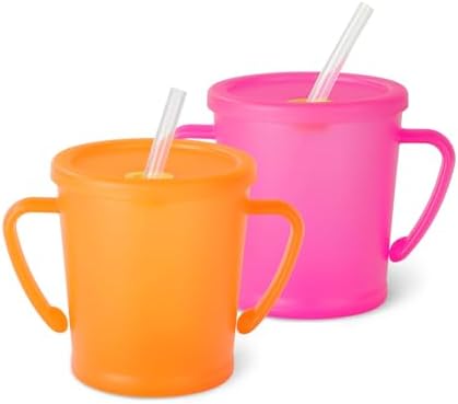 Набор из 2 детских чашек-поильник с ручками, крышкой и соломинкой, переходная чашка для малышей 1–3 лет, 11 унций (синий Кляйн/яркий оранжевый) Wooshwa