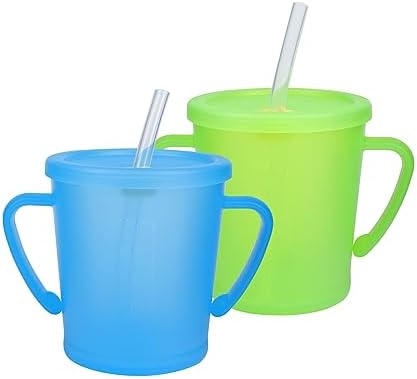 Набор из 2 детских чашек-поильник с ручками, крышкой и соломинкой, переходная чашка для малышей 1–3 лет, 11 унций (синий Кляйн/яркий оранжевый) Wooshwa