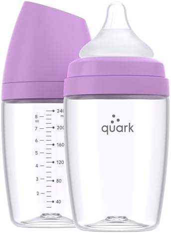 Бутылочка BuubiBottle Max с медленным потоком для новорожденных от Quark — с антиколиковой соской RealFeel для имитации грудного вскармливания — Не содержит бисфенола-А, ПВХ и токсинов — Бутылочка емкостью 8 унций с крышкой, 2 упаковки — фиолетовый Quark