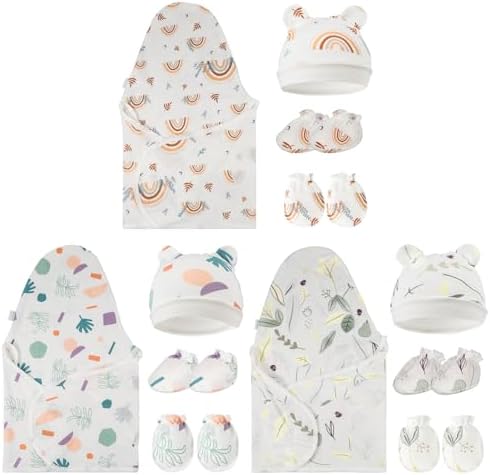 XLSXEXCL 4 Pack Preemie Swaddle Blankets Set, Boho Rainbow Baby Blanket Adjustable Premature Receiving Blankets Infant Sleep Sack Wrap Sleepsack with Hats gloves, and socks Set for Baby Boys Girls XLSXEXCL