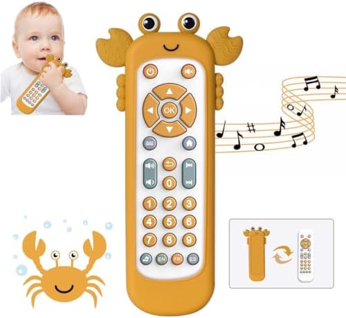 Игрушка с дистанционным управлением для детского телевизора KOESMG с мягким силиконовым симпатичным чехлом-прорезывателем для карбюратора, музыкальная реалистичная игровая дистанционная игрушка со светом и звуком, обучающая игрушка на 3 языка для мальчиков и девочек от 6 месяцев (желтый) KOESMG