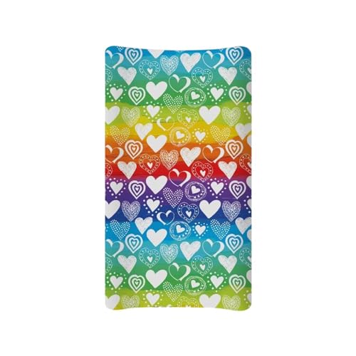 Wanzuoeng Rainbow Stripe Baby Changing Pad Cover, Heart Shape Print Diaper Changing Pad Cover Soft Comfy Nursery Changing Table Sheets for Standard 16 x 32 Inch Changing Mats Wanzuoeng