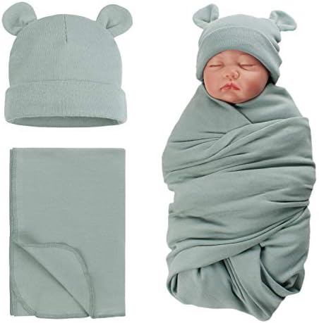 PESAAT Cotton Baby Swaddle Hat Set Newborn Infant Hats Receiving Blankets for Baby Boys Girls PESAAT