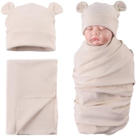 PESAAT Cotton Baby Swaddle Hat Set Newborn Infant Hats Receiving Blankets for Baby Boys Girls PESAAT