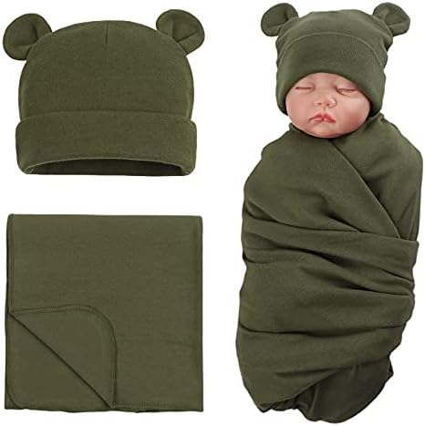 PESAAT Cotton Baby Swaddle Hat Set Newborn Infant Hats Receiving Blankets for Baby Boys Girls PESAAT