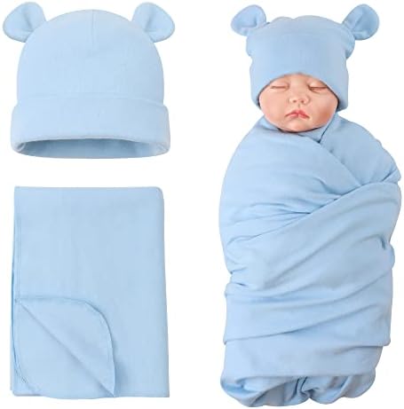 PESAAT Cotton Baby Swaddle Hat Set Newborn Infant Hats Receiving Blankets for Baby Boys Girls PESAAT