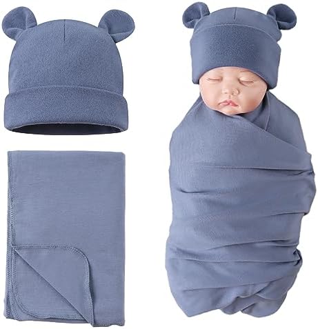 PESAAT Cotton Baby Swaddle Hat Set Newborn Infant Hats Receiving Blankets for Baby Boys Girls PESAAT