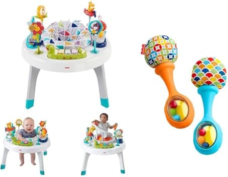 Игрушка Fisher-Price для малышей и малышей 2-в-1 Центр развлечений «сидя-стоя» с музыкальной подсветкой и спиральной рампой, сафари Spin 'N Play и игрушками для новорожденных Маракасы Rattle 'n Rock, набор из 2 мягких музыкальных инструментов FISHER-PRICE BABY