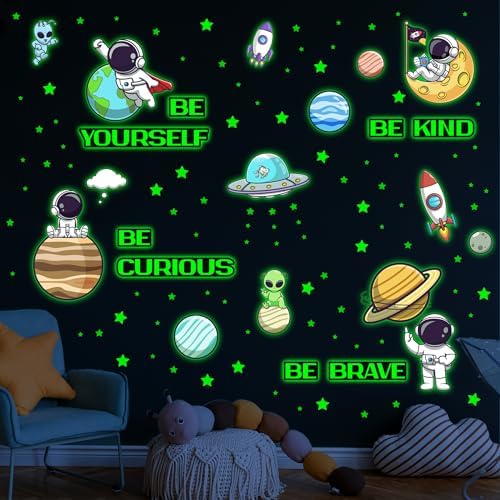 Акварельные светящиеся в темноте наклейки на стены солнечной системы со звездами, детские наклейки с планетами на потолок, наклейки на стену с астронавтами для спальни (синие) Robmoda