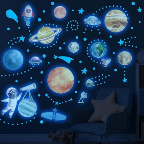 Watercolor Solar System Wall Decals, Glow in The Dark Stars, Kids Planets Sticker for Ceiling, Astronaut Wall Stickers for Bedroom（Blue） Robmoda