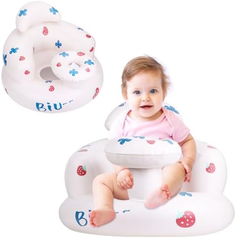 Inflatable Baby Seat for Babies 3 Months and Up, PAKOO Baby Support Seat Toddler Chair for Sitting Up, Blow Up Baby Chair Floor Seater with Built in Air Pump (Strawberry) Pakoo