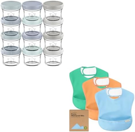 KeaBabies 12-Pack Baby Food Glass Containers and 3-Pack Waterproof Baby Bibs for Eating - 4 oz Leak-Proof, Microwavable, Baby Food Storage Container - Lightweight Baby Bib with Food Catcher KeaBabies
