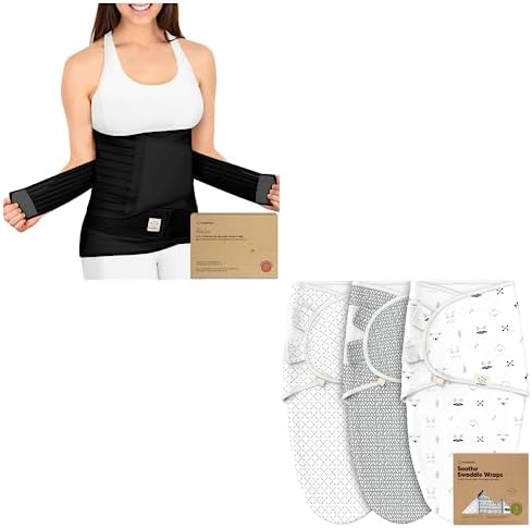 KeaBabies 3 in 1 Postpartum Belly Support Recovery Wrap and Organic Baby Swaddle Sleep Sacks Bundle - Pregnancy Belly Support Band (Midnight Black, XL) - 3-Pack Newborn Baby Swaddles (Nordic) KeaBabies
