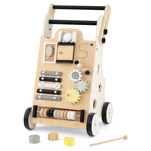 BABY JOY Wooden Baby Walker, Push and Pull Sit-to-Stand Learning Walker Activity Center, Toddler Montessori Educational Toy, Develops Motor Skills & Stimulates Creativity, Push Walker for Boys Girls BABY JOY