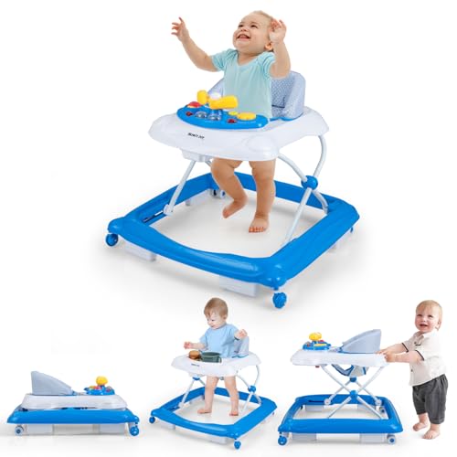 HONEY JOY Baby Walker, 5 in 1 Infant Activity Walker with Wheels, Music, Removable Cushion, Toddler Foldable Push Walker for Boys Girls, Anti-Rollover Walkers for Babies 7-14 Months (Blue) HONEY JOY