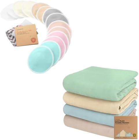 KeaBabies, 14 комплектов органических прокладок для кормления и 4 комплекта муслиновых пеленальных одеял для мальчиков и девочек — моющиеся прокладки для грудного вскармливания — органические детские одеяла для девочек и мальчиков — мешок для стирки — детское пеленальное одеяло KeaBabies