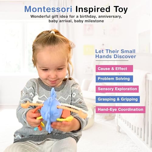 Intellikiddos Montessori Pull String Toy – Fun Montessori Toys for 6 Month Old – Food-Grade and BPA-Free Pull String Activity Toy – Cute and Stimulating Sensory Toys for Toddlers and Babies (Blue) Intellikiddos