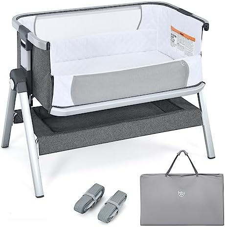 Колыбелька BABY JOY, переносная прикроватная кроватка с матрасом, корзиной для хранения, встроенными шкивами, регулируемой по высоте и дорожной сумкой, прикроватная люлька для новорожденных (розовая) BABY JOY