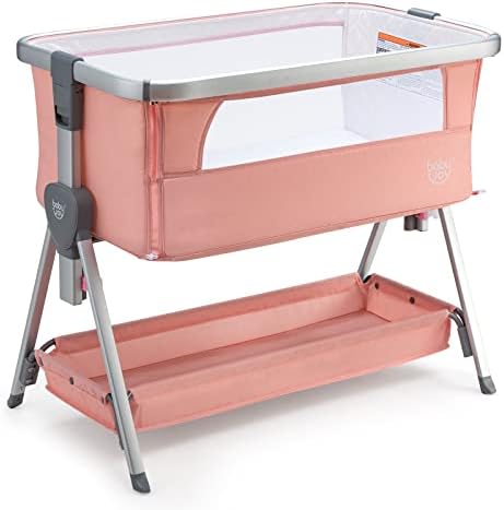 Колыбелька BABY JOY, переносная прикроватная кроватка с матрасом, корзиной для хранения, встроенными шкивами, регулируемой по высоте и дорожной сумкой, прикроватная люлька для новорожденных (розовая) BABY JOY