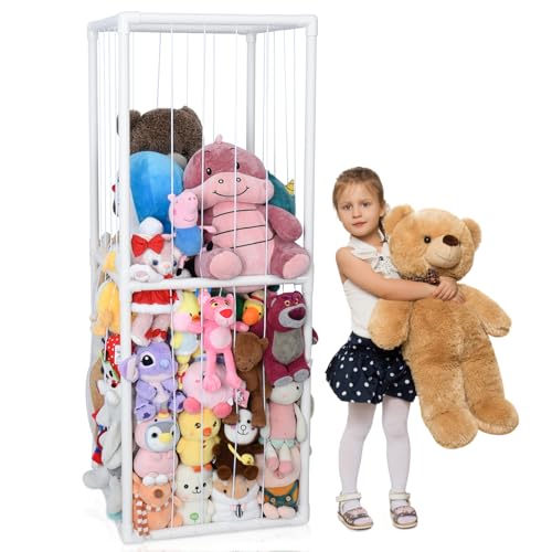 Large Stuffed Animal Storage Stuffed Animal Zoo Holder PVC Plush Storage with Elastic Band and 2 Nets for Nursery Play Room Bedroom(23.6"×23.6"×62.9") KNOIER