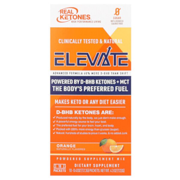 Elevate, Апельсин, 10 пакетов по 0,43 унции (12,3 г) каждый Real Ketones